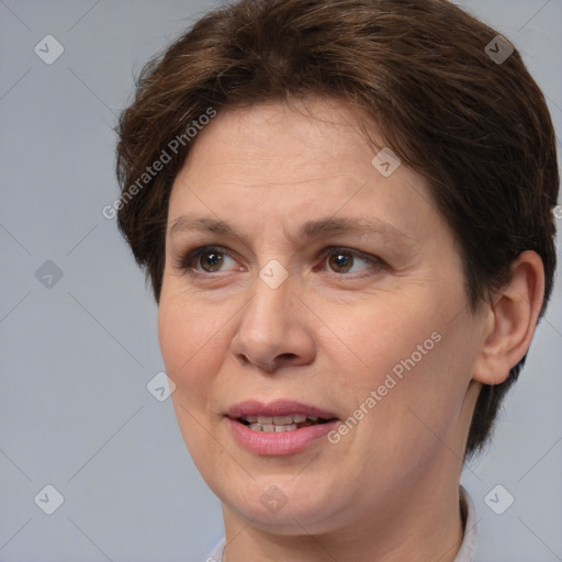 Joyful white adult female with short  brown hair and brown eyes