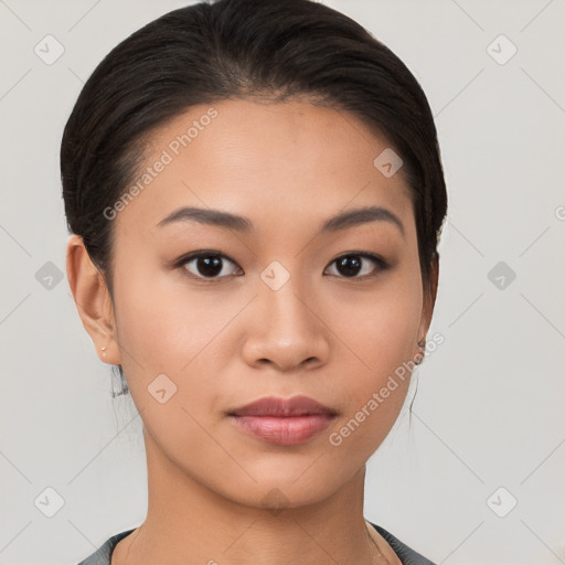 Joyful white young-adult female with short  black hair and brown eyes