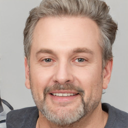 Joyful white adult male with short  brown hair and grey eyes