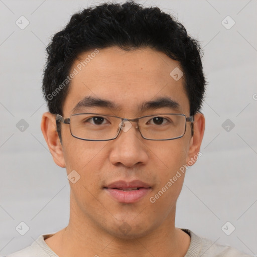 Neutral asian young-adult male with short  brown hair and brown eyes