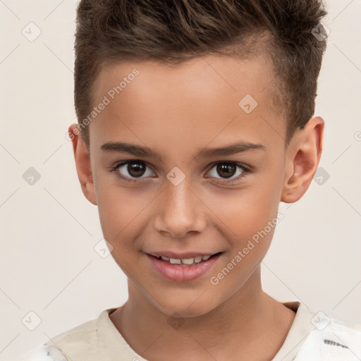 Joyful white child male with short  brown hair and brown eyes