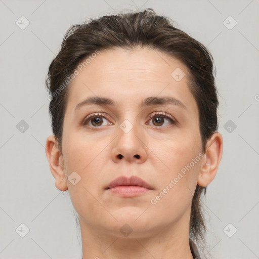 Neutral white young-adult female with short  brown hair and brown eyes