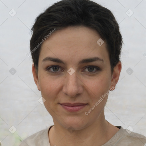 Joyful white young-adult female with short  brown hair and brown eyes