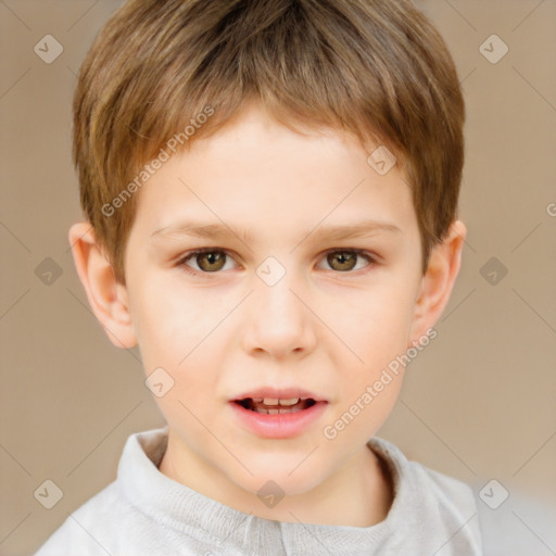 Joyful white child male with short  brown hair and brown eyes