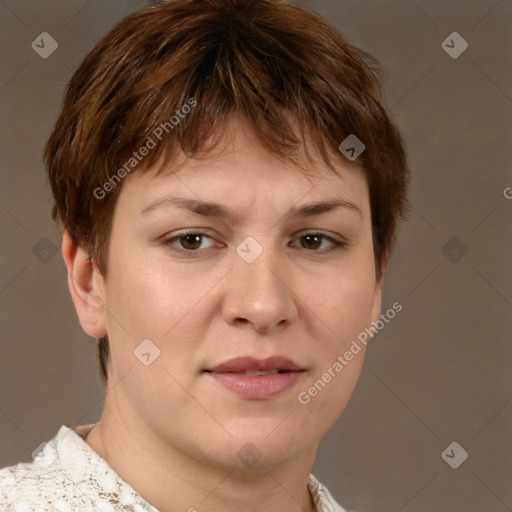 Neutral white young-adult female with short  brown hair and brown eyes