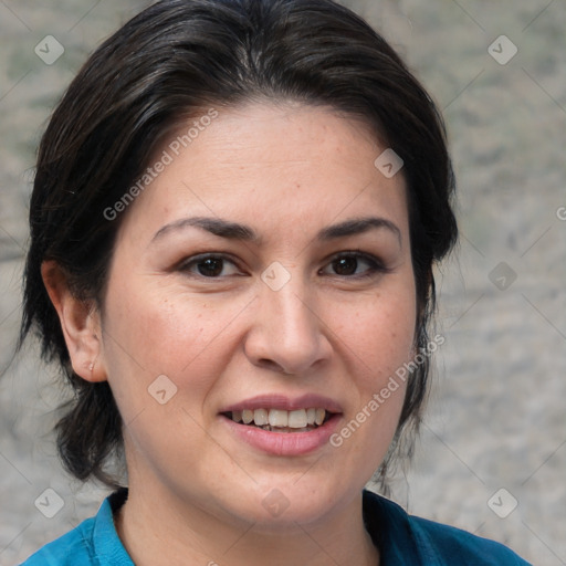 Joyful white adult female with medium  brown hair and brown eyes