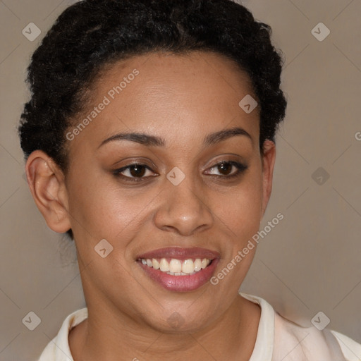 Joyful latino young-adult female with short  brown hair and brown eyes