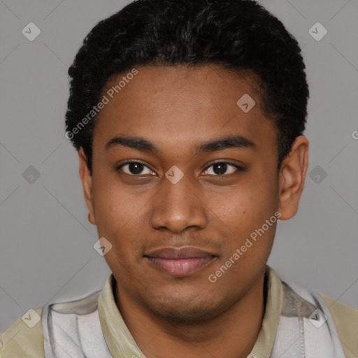 Joyful black young-adult male with short  black hair and brown eyes