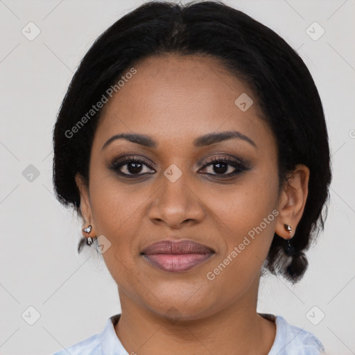 Joyful black young-adult female with medium  black hair and brown eyes