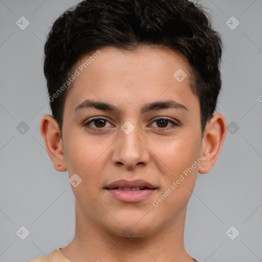 Joyful white young-adult female with short  brown hair and brown eyes