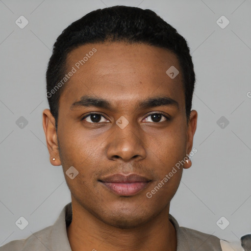 Neutral black young-adult male with short  black hair and brown eyes