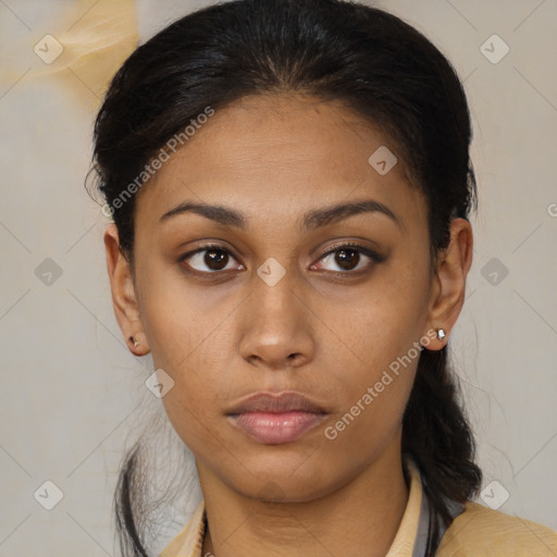 Neutral latino young-adult female with medium  brown hair and brown eyes