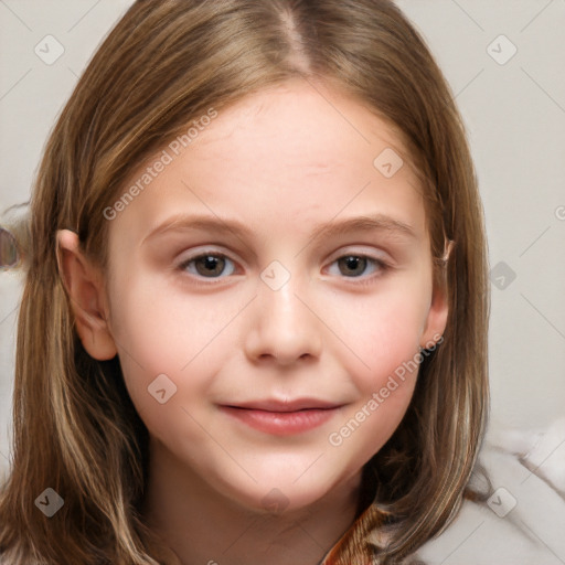 Joyful white child female with medium  brown hair and brown eyes