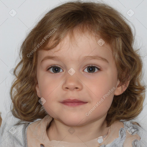 Neutral white child female with medium  brown hair and blue eyes