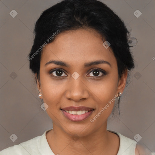 Joyful latino young-adult female with medium  brown hair and brown eyes