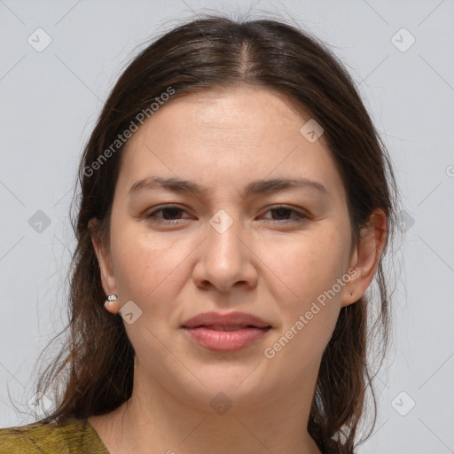 Joyful white young-adult female with medium  brown hair and brown eyes