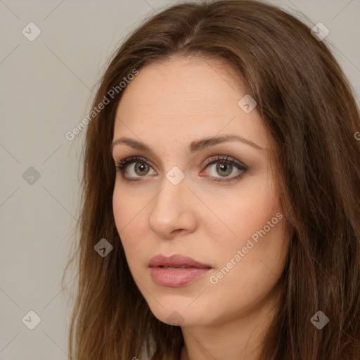 Neutral white young-adult female with long  brown hair and brown eyes