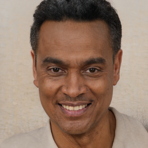 Joyful latino adult male with short  black hair and brown eyes