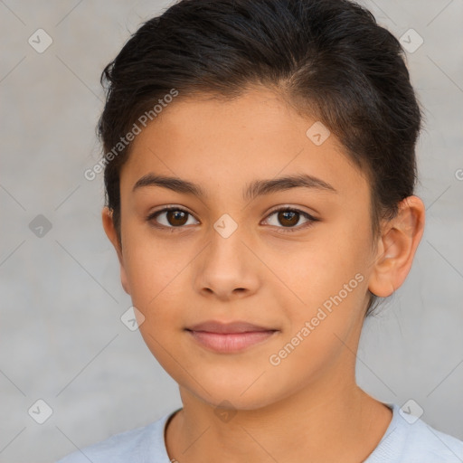 Joyful white child female with short  brown hair and brown eyes