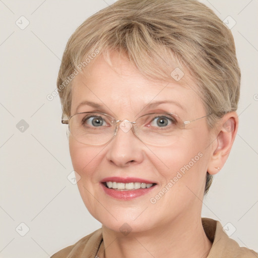 Joyful white adult female with medium  brown hair and blue eyes