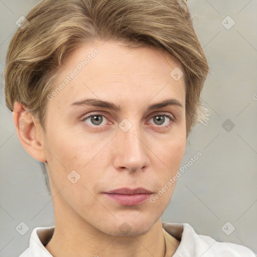 Neutral white young-adult female with short  brown hair and brown eyes