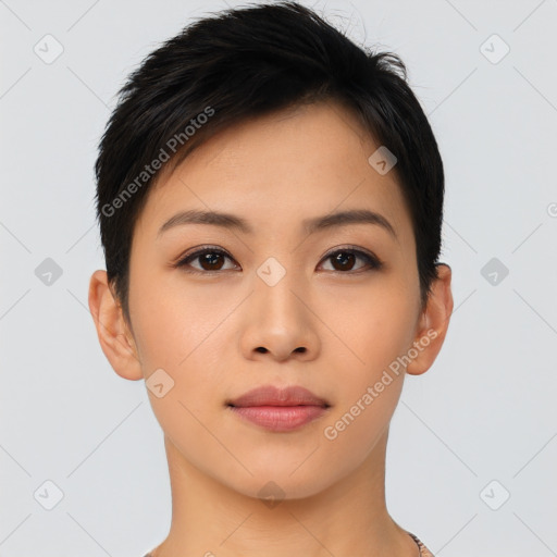 Neutral asian young-adult female with short  black hair and brown eyes