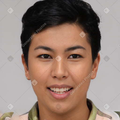 Joyful asian young-adult female with short  brown hair and brown eyes
