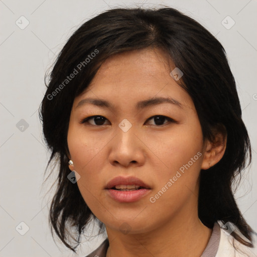 Neutral asian young-adult female with medium  black hair and brown eyes