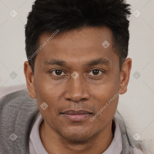 Joyful asian adult male with short  brown hair and brown eyes