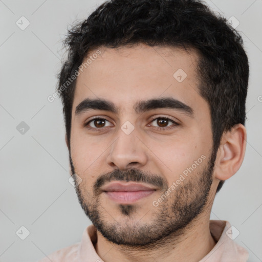 Neutral white young-adult male with short  black hair and brown eyes