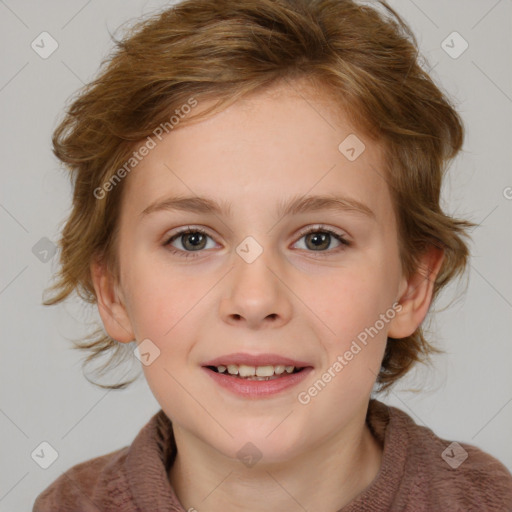 Joyful white child female with medium  brown hair and brown eyes