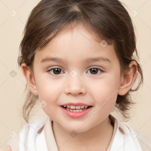 Joyful white child female with medium  brown hair and brown eyes