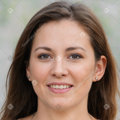 Joyful white young-adult female with long  brown hair and grey eyes