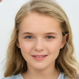 Joyful white child female with medium  brown hair and blue eyes