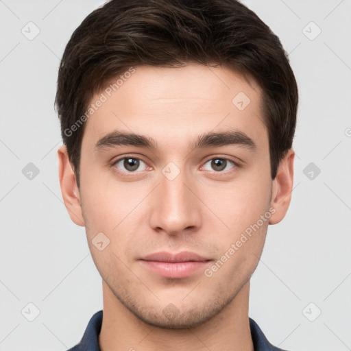 Neutral white young-adult male with short  brown hair and brown eyes