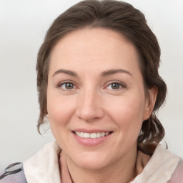 Joyful white adult female with medium  brown hair and grey eyes