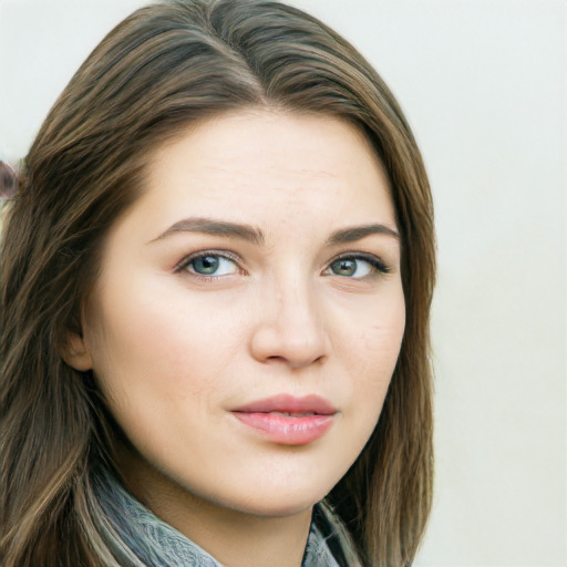 Joyful white young-adult female with long  brown hair and green eyes