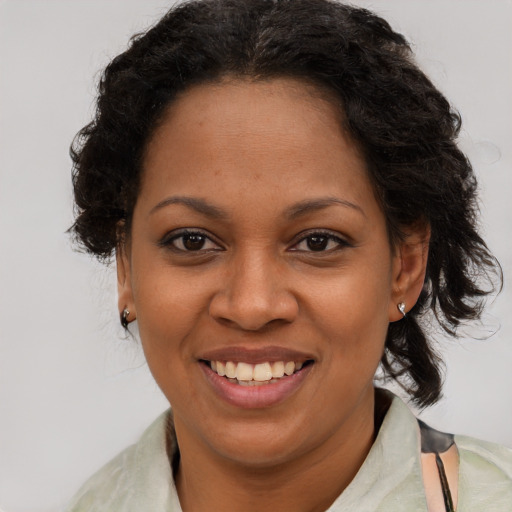 Joyful black young-adult female with short  brown hair and brown eyes