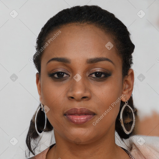 Joyful black young-adult female with medium  brown hair and brown eyes