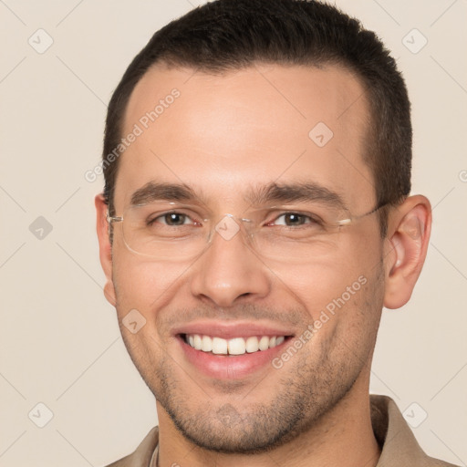 Joyful white young-adult male with short  brown hair and brown eyes