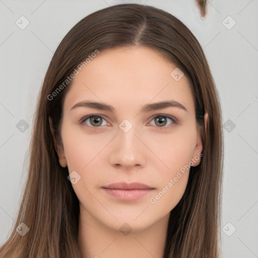 Neutral white young-adult female with long  brown hair and brown eyes