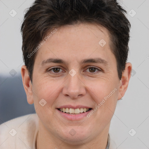 Joyful white adult female with short  brown hair and brown eyes