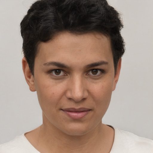 Joyful white young-adult female with short  brown hair and brown eyes
