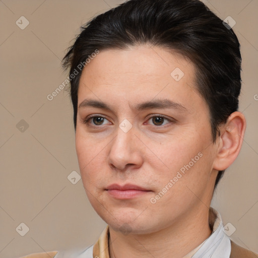 Neutral white adult male with short  brown hair and brown eyes