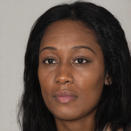 Neutral asian young-adult female with long  black hair and brown eyes