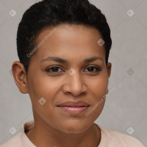 Joyful latino young-adult female with short  brown hair and brown eyes