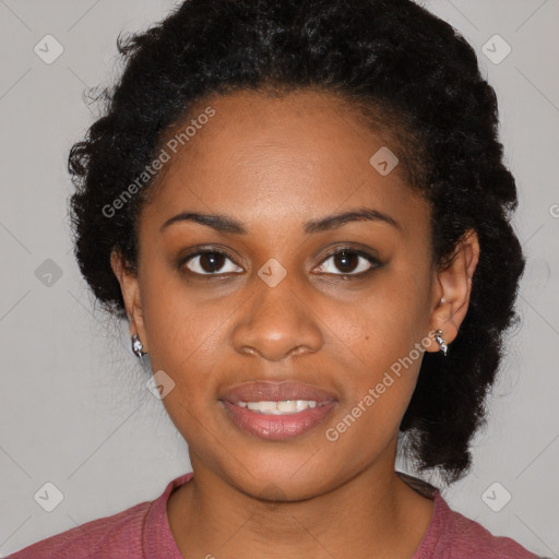 Joyful black young-adult female with medium  black hair and brown eyes