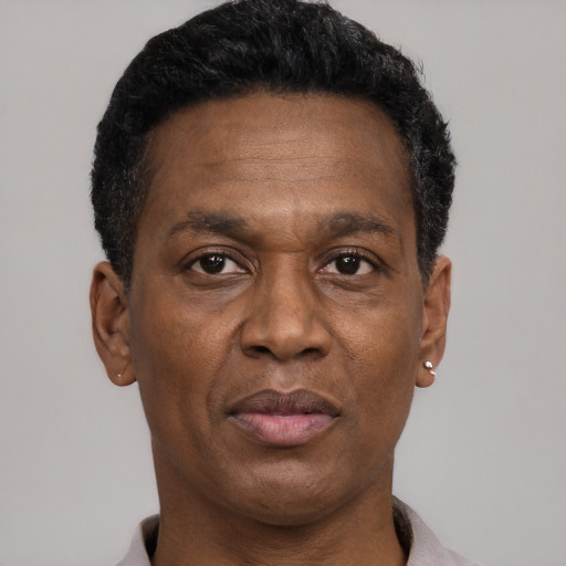 Neutral black adult male with short  black hair and brown eyes