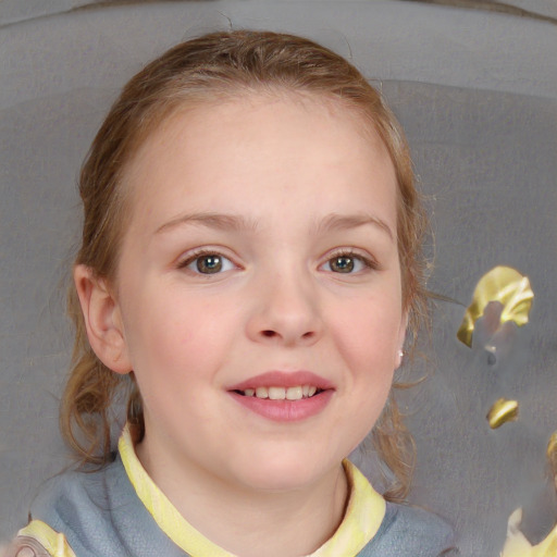 Joyful white child female with medium  brown hair and blue eyes