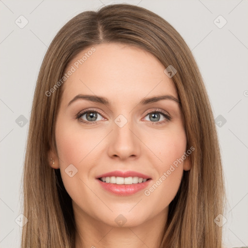 Joyful white young-adult female with long  brown hair and grey eyes